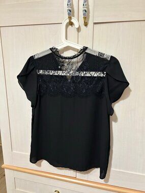🔴Zara Basic | Black Blouse Lace Short Sleeve Pull On Embroidered | SZ L